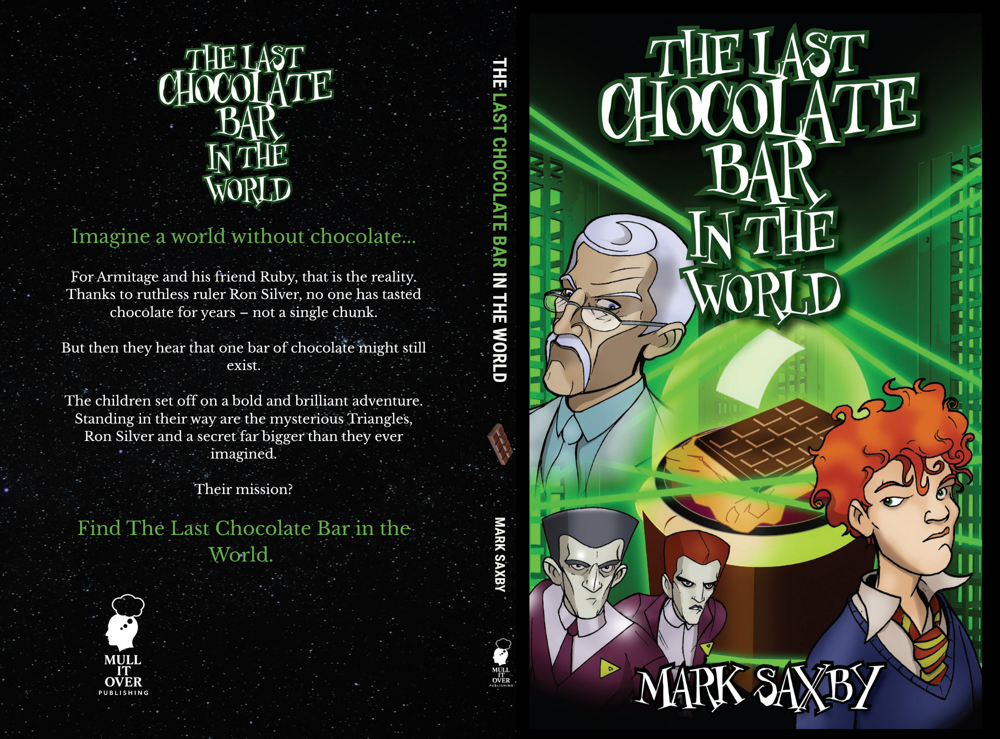 Front cover of The Last Chocolate Bar in the World, illustrated with characters and a glowing chocolate bar